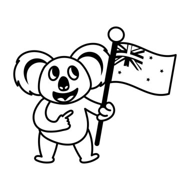 Avustralya bayrağı taşıyan komik koala karakteri. Siyah ve beyaz vektör çizimi  