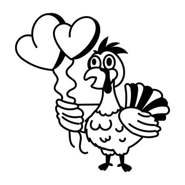 Kalp şeklinde balonları olan şirin çizgi film hindisi. Siyah ve beyaz vektör çizimi  