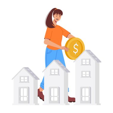 Emlak acentesinin evleri gösteren izometrik vektör çizimi