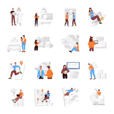İnsanlı iş ve yaşam tarzı simgelerinin toplanması, izometrik vektör simgeleri