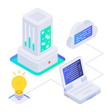 Dizüstü bilgisayar, bulut ve ampul simgelerinin vektör tasarımı