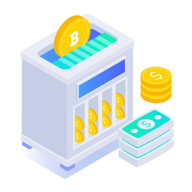 Bitcoin kripto para birimi simgesi. Beyaz arkaplanda izole edilmiş web tasarımı için bitcoin madencilik vektör simgesi izometriği