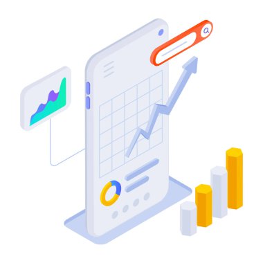 İzometrik iş konsepti. Bir iş grafiği ve akıllı telefonun vektör çizimi