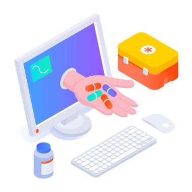 Dizüstü bilgisayarlı izometrik tıbbi illüstrasyon ve haplarla el. 