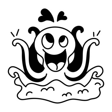 Kalpli komik bir ahtapot karakteri. Boyama kitabı için siyah beyaz illüstrasyon 