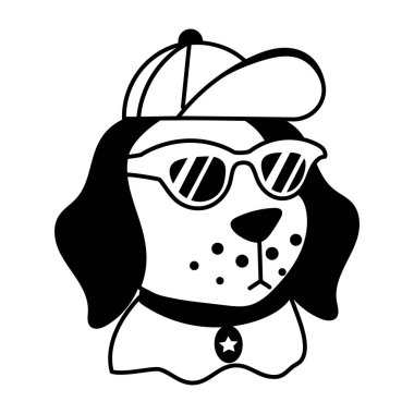 Şapkalı komik bir köpek yavrusu karakteri ve beyaz arka planda güneş gözlüğü. Boyama kitabı için siyah beyaz illüstrasyon 