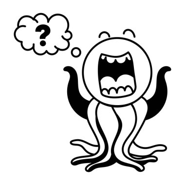 Konuşma baloncuklu komik bir ahtapot karakteri. Boyama kitabı için siyah beyaz illüstrasyon 