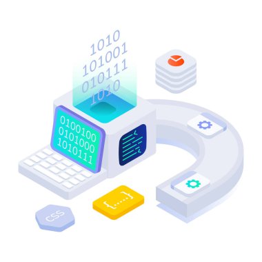 bir bilgisayar ve ikili kodlu izometrik vektör çizimi 