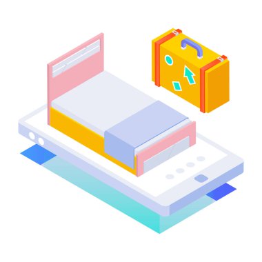 Beyaz zemin üzerinde yatak ile izometrik biçim illüstrasyonu 