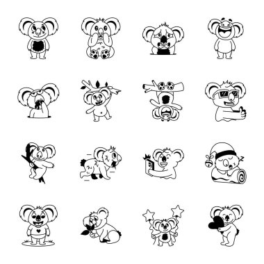 Farklı durumlarda beyaz arkaplanda izole edilmiş komik çizgi film koala karakterleri