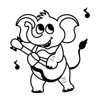 Gitarda oynayan sevimli bir fil karakteri. Boyama kitabı için siyah beyaz illüstrasyon 