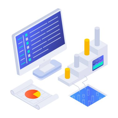 Bilgisayar ve veri analizi kavramı. izometrik 3d biçimlendirme tasarımı