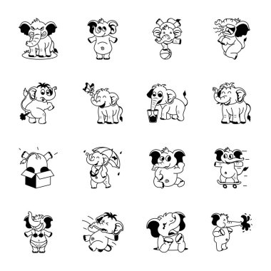 Şirin fil karakterleri. Boyama kitabı için siyah beyaz illüstrasyon 