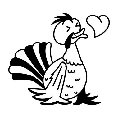 Kalbi olan şirin çizgi film hindisi. Siyah ve beyaz vektör çizimi  