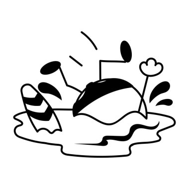 Su birikintisinde baş aşağı çizgi film karakteri, vektör illüstrasyonu