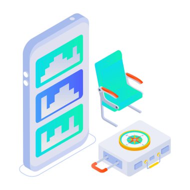 Akıllı telefon ve sandalyenin izometrik tasarım çizimi