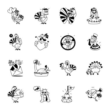 Farklı pozlarda çizilmiş şirin hindiler. Siyah ve beyaz vektör çizimi  