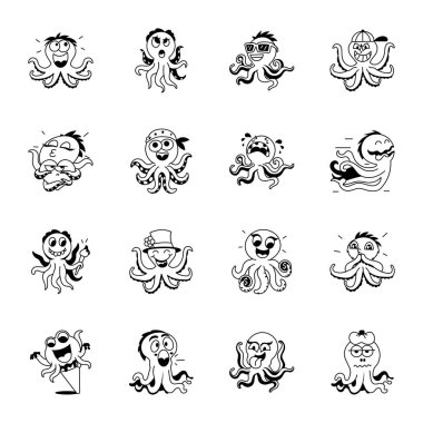 Bir dizi deniz ahtapotu hayvan vektör çizimi  