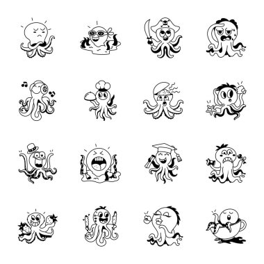 Komik ahtapot karakterlerinin karalama stili seti, vektör illüstrasyonu