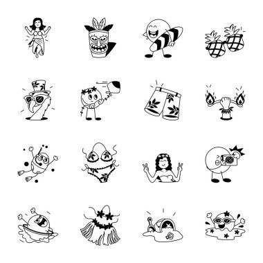 Yaz tatili simgelerinin karalama stili, vektör illüstrasyonu