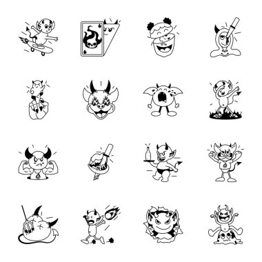 çizgi film canavarları ve şeytan simgeleri, vektör illüstrasyonu