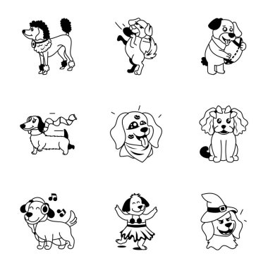 Köpek karikatür simgeleri, vektör illüstrasyonu