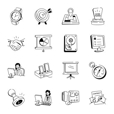 El Çizimi Ofis Malzemeleri Seti Simgeleri 