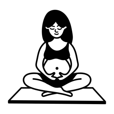 Yoga pozunda oturan hamile bir kadın, karalama tarzı bir ikon. 