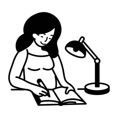 Hamileliği hakkında günlük yazan bir kadının el çizimi ikonu. 