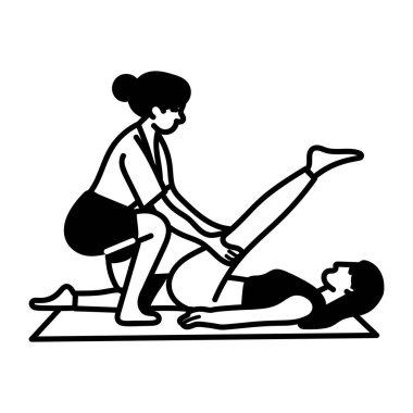 Yoga hocası doğum öncesi esneme egzersizi ve karalama ikonu için bayana yardım ediyor.