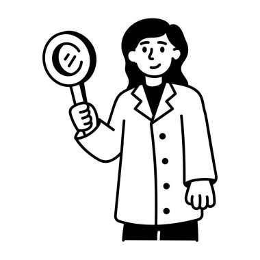 Laboratuvar doktorunun elinde büyüteç tutan karalama karakteri simgesi