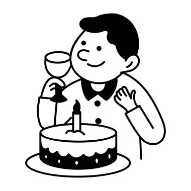 Doğum günü adamı pastayla şarap içiyor, karalama çizimi