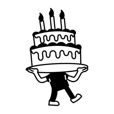 Büyük bir doğum günü pastası taşıyan bir karakterin karalama çizimi