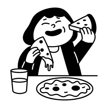 Pizza yiyen bir karakterin el çizimi. 