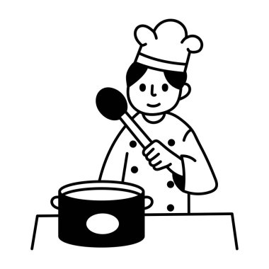 Mutfakta uzman bir aşçı, el yapımı illüstrasyon. 