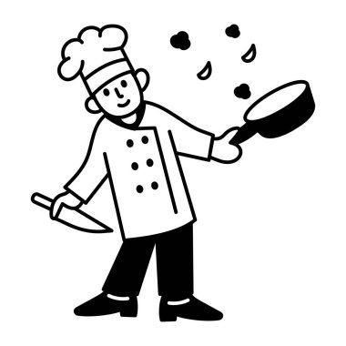 Elle çizilmiş yemek resimlerini fırlatan bir şef. 