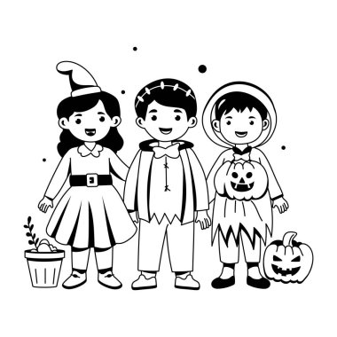 Cadılar Bayramı kostümü giyen çocuklar, bir kabartma çizimi. 