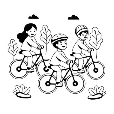 Çocuklar glyph stili bisiklet, bisiklet, oyun, binicilik, mutluluk, çocuklar, çocuklar, karakterler, kişiler, vektör, kabartma, illüstrasyon
