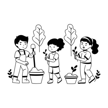 Çocuklar bir kabartma tarzında bahçe çizimi yapıyorlar. 