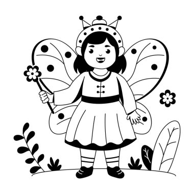 Peri kostümü giyen bir kız, kabartma tarzı bir illüstrasyon 