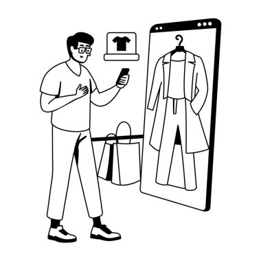 İnternetten alışveriş yapan adamın kabartma çizimi. 