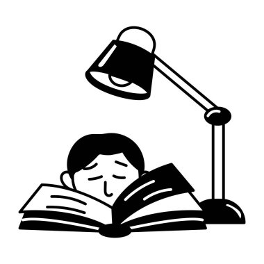 Gece çalışması yapan bir karakter, el çizimi illüstrasyon. 