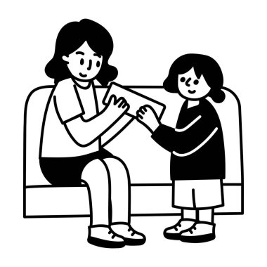 Kızının anneler gününde anneye kartla dilek tutmasının karalama çizimi.