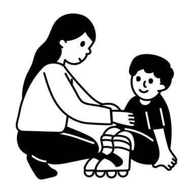 Anne oğluna paten dersinde yardım ediyor, resim çiziyor.