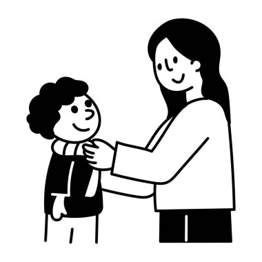 Anne ve oğul sevgisini resmeden bir el çizimi. 