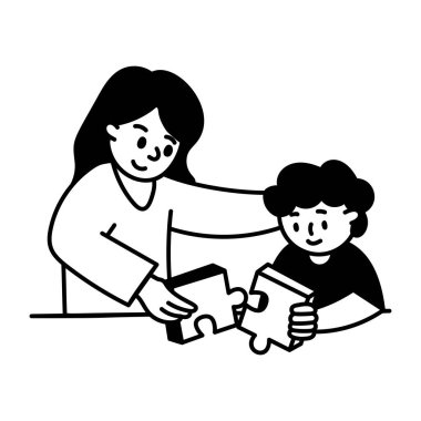 Yapboz oynayan bir anne ve çocuğun karalama çizimi