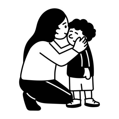 Anne oğlunu yanağından öpüyor, resim çiziyor.