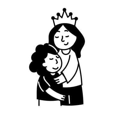 Çocuğuna sarılan bir anne tacının el çizimi.