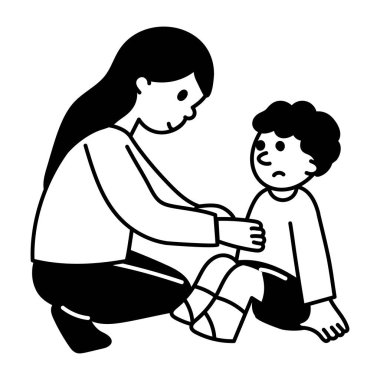 Anne yaralı dizli çocuğa yardım ediyor, el çizimi çizimi.