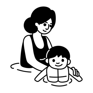 Anne çocuğa yüzme dersinde yardım ediyor, el çizimi çizimleri yapıyor. 